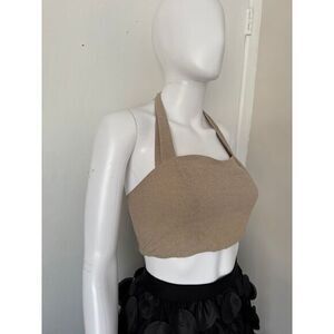Commense Stylish Beige Linen Halter‎ Crop Top Sleeveless Fashion Trendy Casual